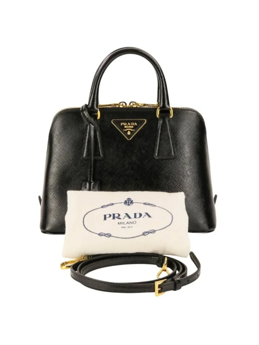 Prada Triangle Logo Leather Saffiano Vernis Clock 2-Way Shoulder Bag Black